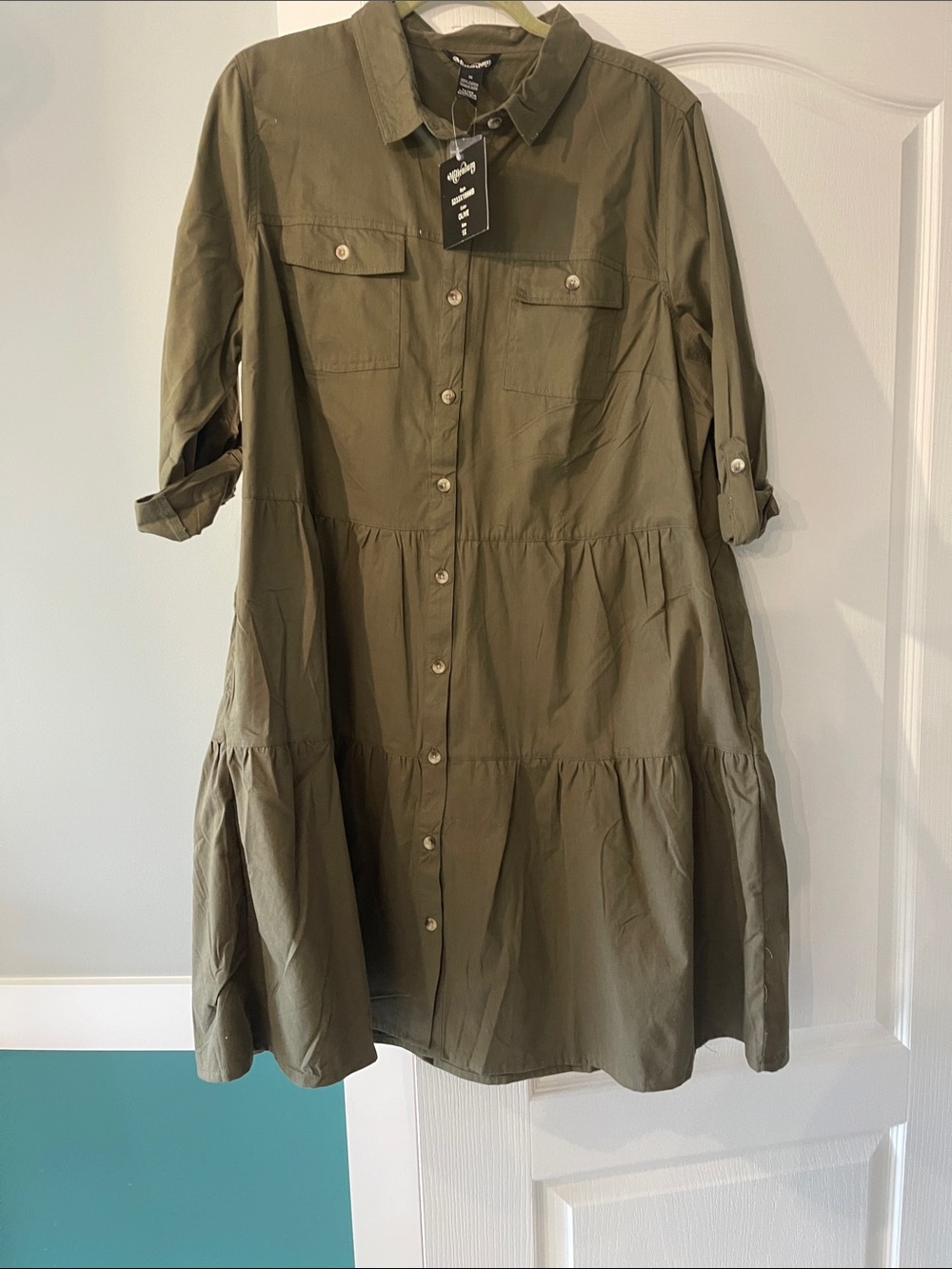adidas Olive Green Button-Front Tiered Long Sleeve Dress